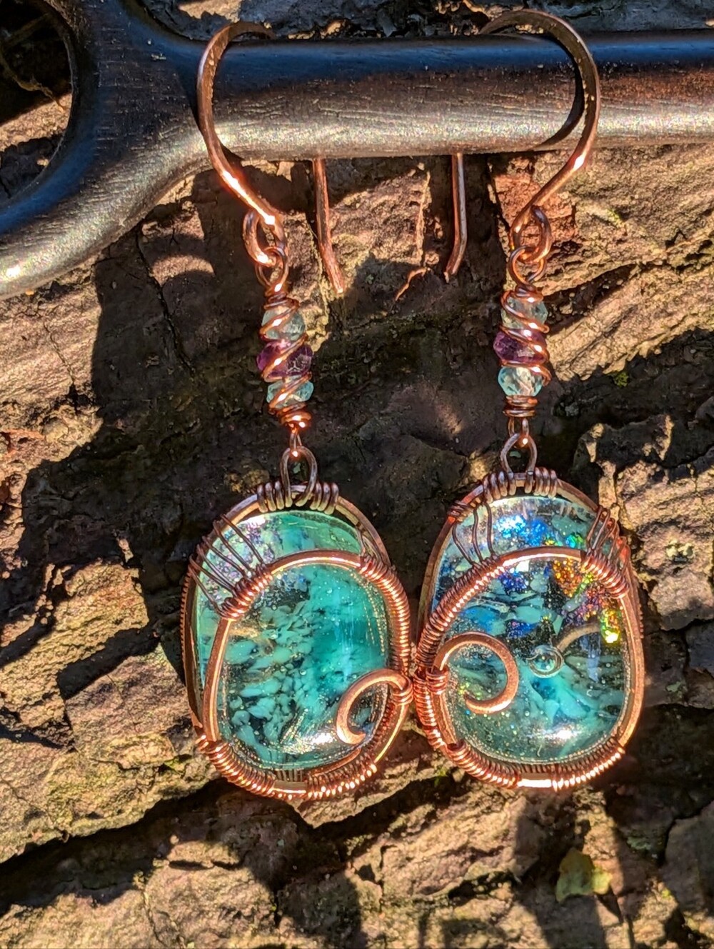 Mermaid Goddess Earrings - Artisan Dichroic Glass with Natural Gems in Copper - Picture 10 of 16